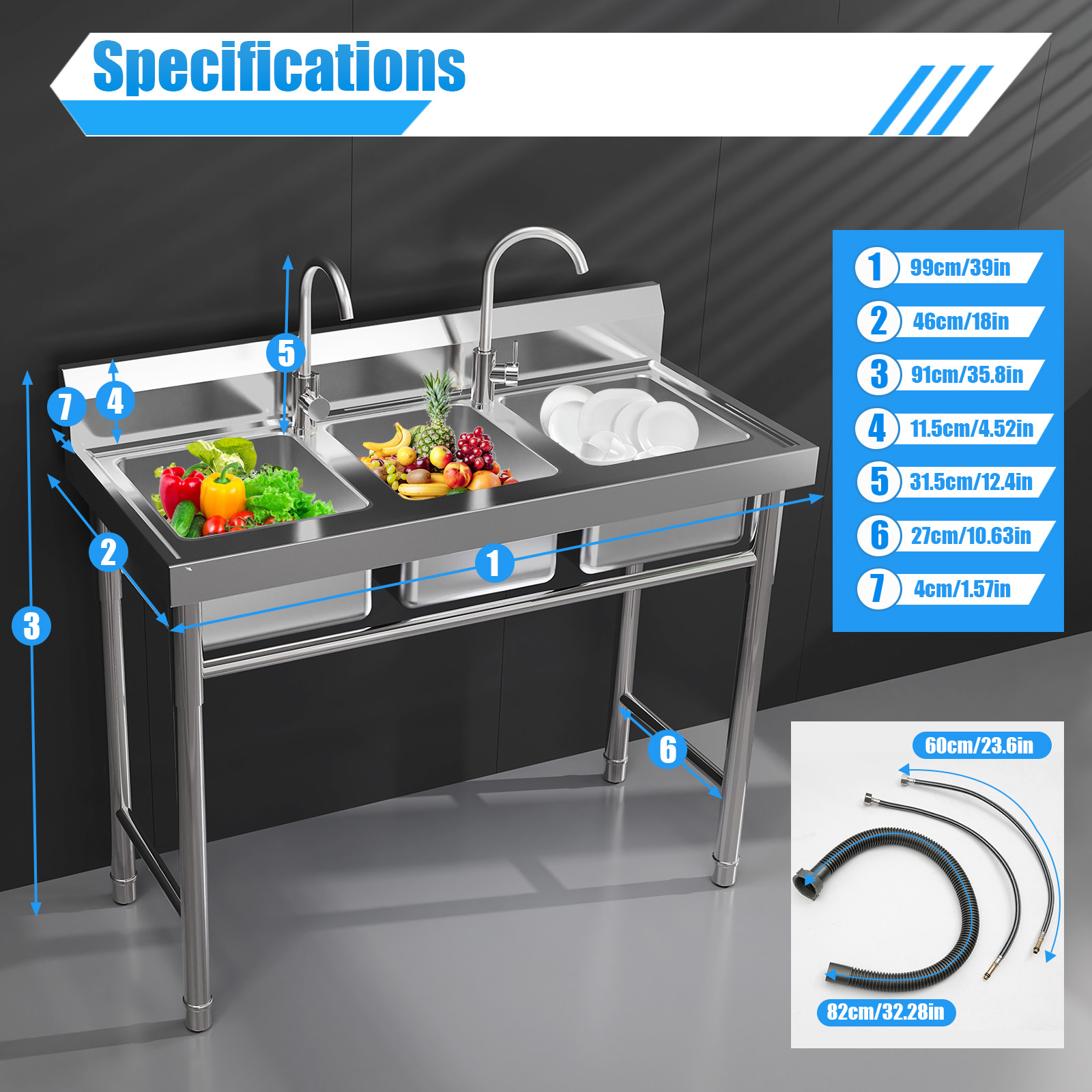 Commercial Kitchen Taps - 304 Stainless Steel 3 Basin Kitchen